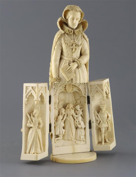 A 19th century Dieppe ivory triptych model of Mary Queen of Scots, H.12in.